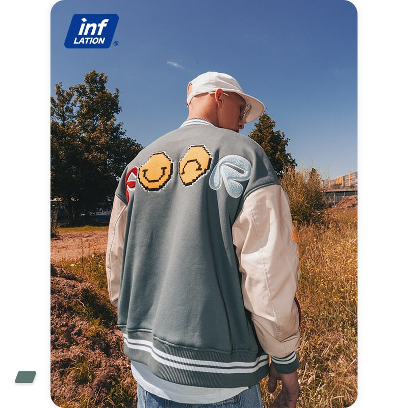 INFLATION Streetwear Varsity Jacket Men Women Oversized Baseball Coat Fashion Leather Sleeves Thick Fleece Jacket Men Outwear