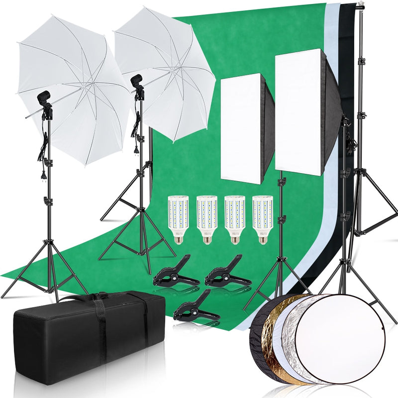 Fotografie-Fotostudio-Softbox-Beleuchtungsset mit 2,6 x 3 m Hintergrundrahmen, 3-teilige Kulissen, Stativständer, Reflektorplatte, Regenschirm