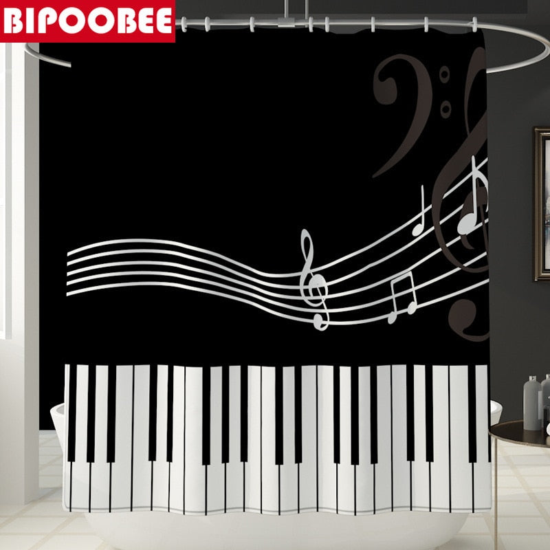 Mildew Shower Curtain Set with Hooks Piano Key Music Bathroom Decor Non-Slip Rug Toilet Seat Cover Bath Mats Sets