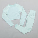 Seamless Yoga Suit Sports Set Gym Clothes Fitness Women Long Sleeve Crop Top High Waist Leggings Ribbed Workout Set Tracksuits