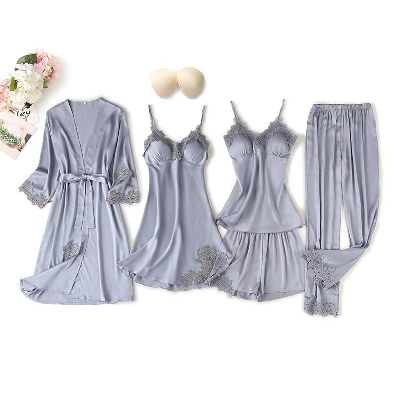 Black Sexy Women Robe Set Faux Silk Kimono Bathrobe Gown 5PCS Sleepwear Suit Hollow Out Lace Nightgown Home Wear Wedding Gift