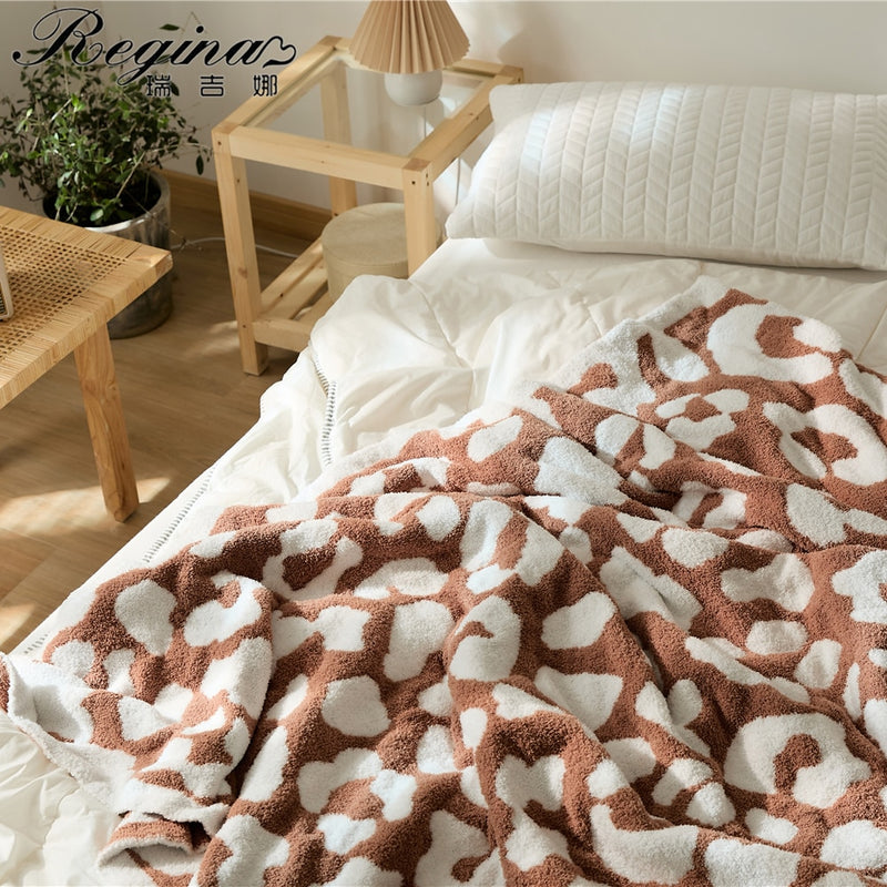 REGINA Delicate Knitted Leopard Print Blankets Winter Warm Faux Fur Microfiber Stich Plaid Bedspread Fluffy Adult Blanket Throw