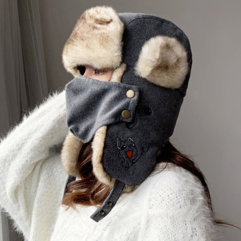 Gorro ruso HT2876, gorro grueso y cálido para mujer, gorro de invierno para mujer, trampero con orejeras, gorro de esquí para nieve, máscara femenina, gorro de piel Ushanka, gorro de bombardero para mujer