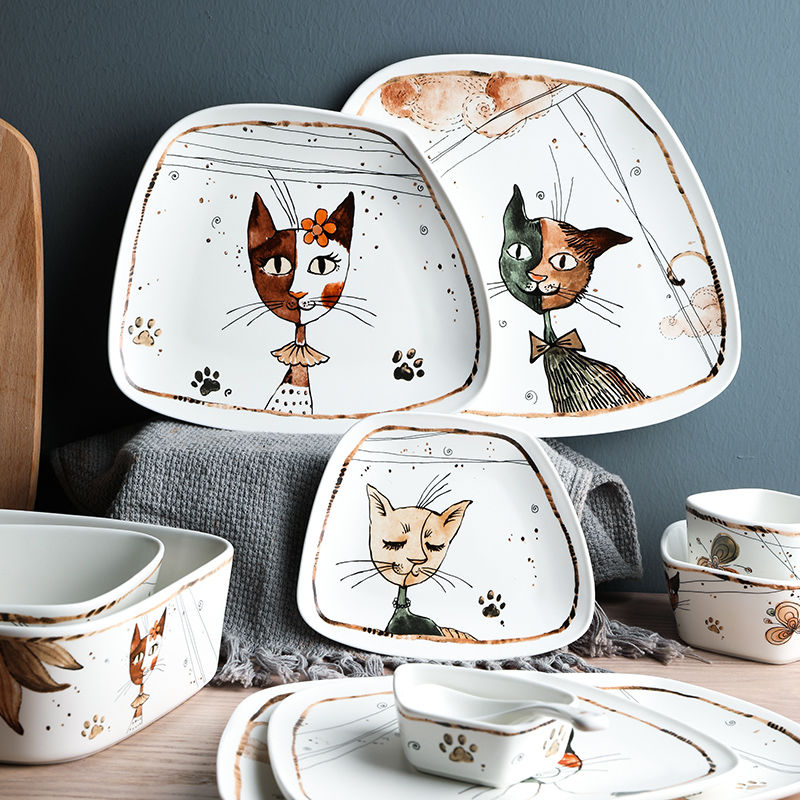 Cute Cartoon Cat Ceramic Tableware Household Soup Noodle Bowls Fruit Steak Food Plate Dishes Creative Porcelain Dinnerware