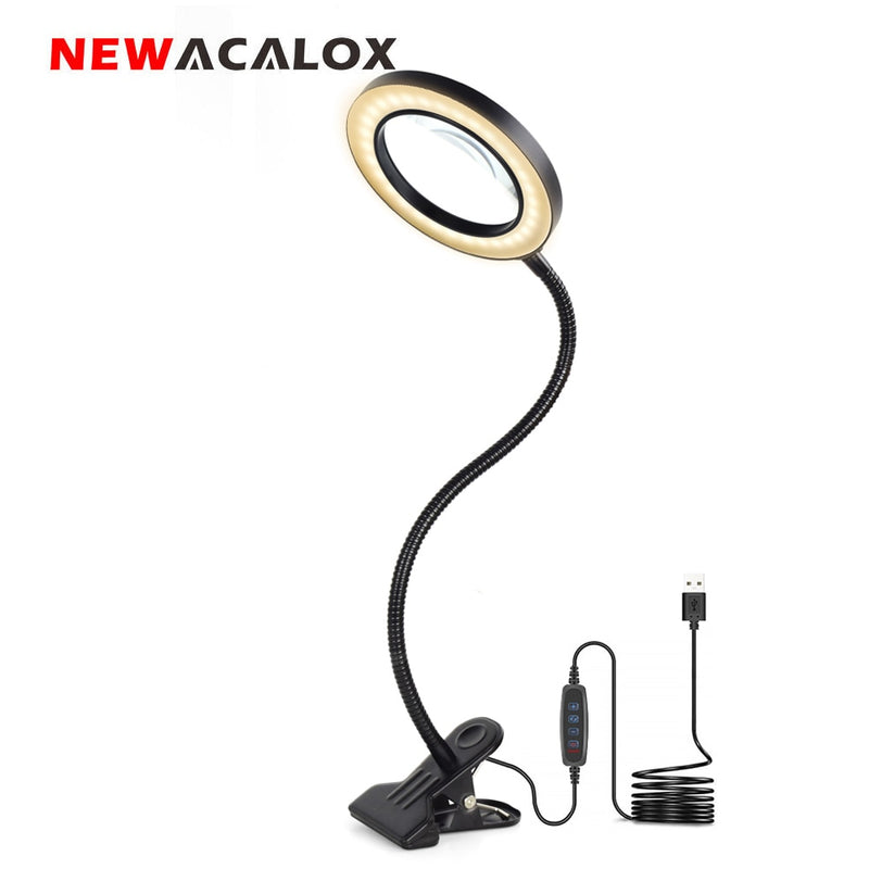 NEWACALOX 3X/5X lupa LED USB abrazadera de mesa Flexible lectura/soldadura lente grande lupa escritorio superior instrumentos ópticos