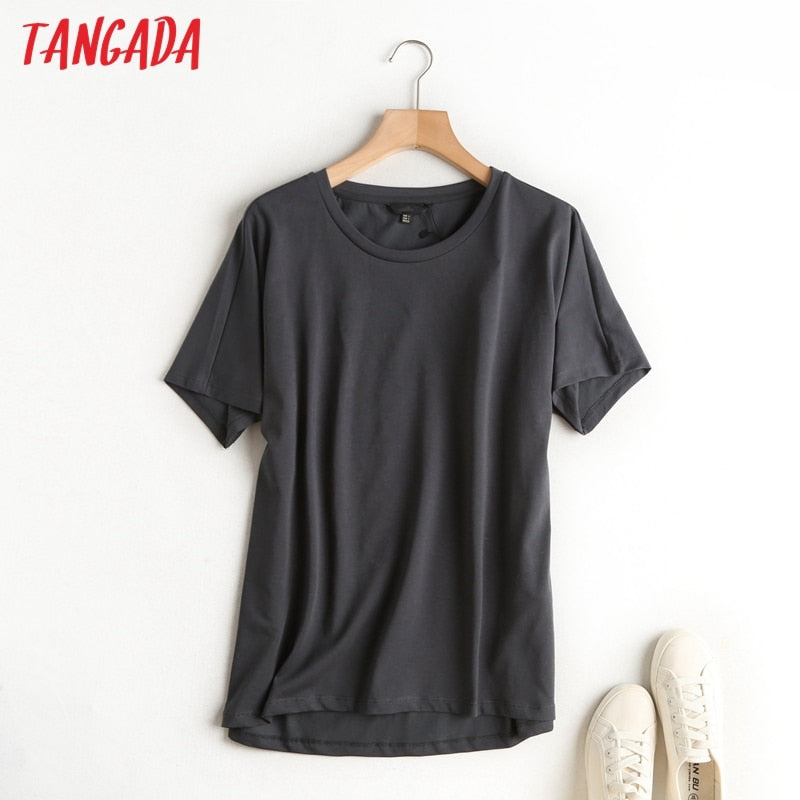 Tangada 2022, camiseta básica caqui de algodón para mujer, camisetas de manga corta con cuello redondo, camiseta informal para mujer, ropa de calle top 6D5