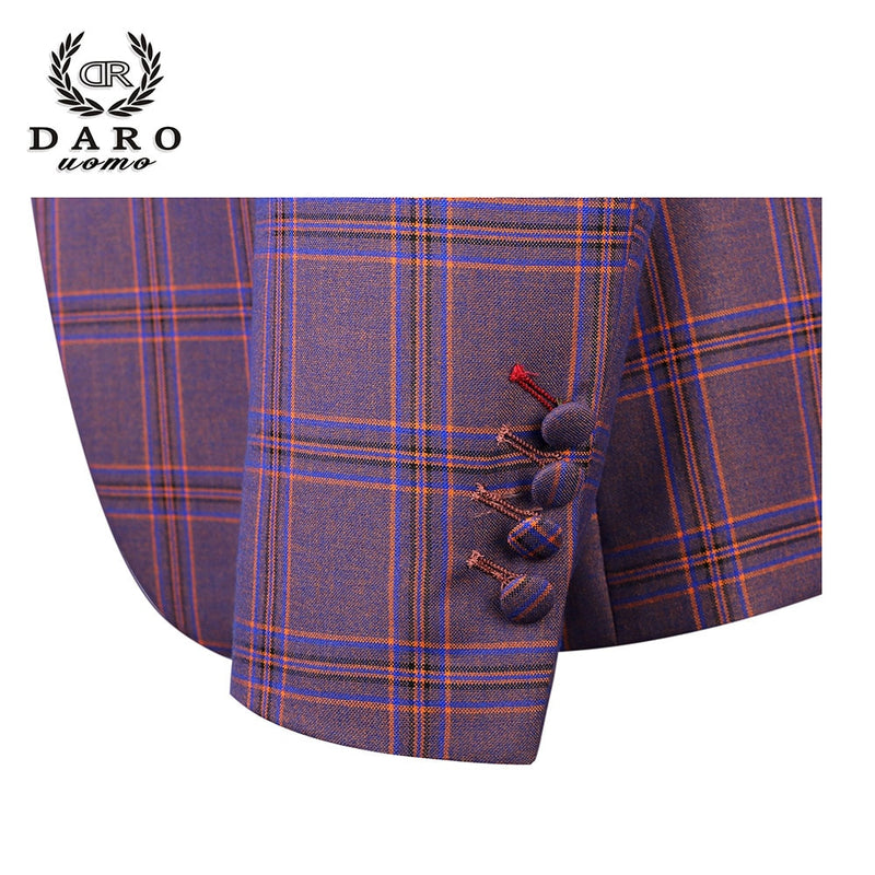 DARO 2022 nuevo traje de hombre 3 piezas traje a cuadros de moda Slim Fit azul púrpura vestido de boda trajes Blazer pantalón y chaleco DR8193