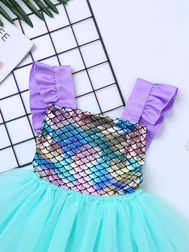 Baby Girls Mermaid Dress Cosplay Costumes Princess Sleeveless Glossy Fish Scales Backless Mesh Splice Tutu Dress Short skirt