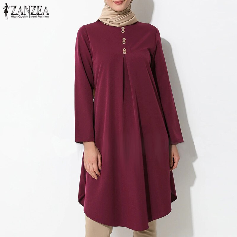 Damen Asymmetrische Bluse ZANZEA 2022 Vintage Muslimisches Langes Hemd Lässige Langarm Blusas Weibliche Knopf Tops Tunika