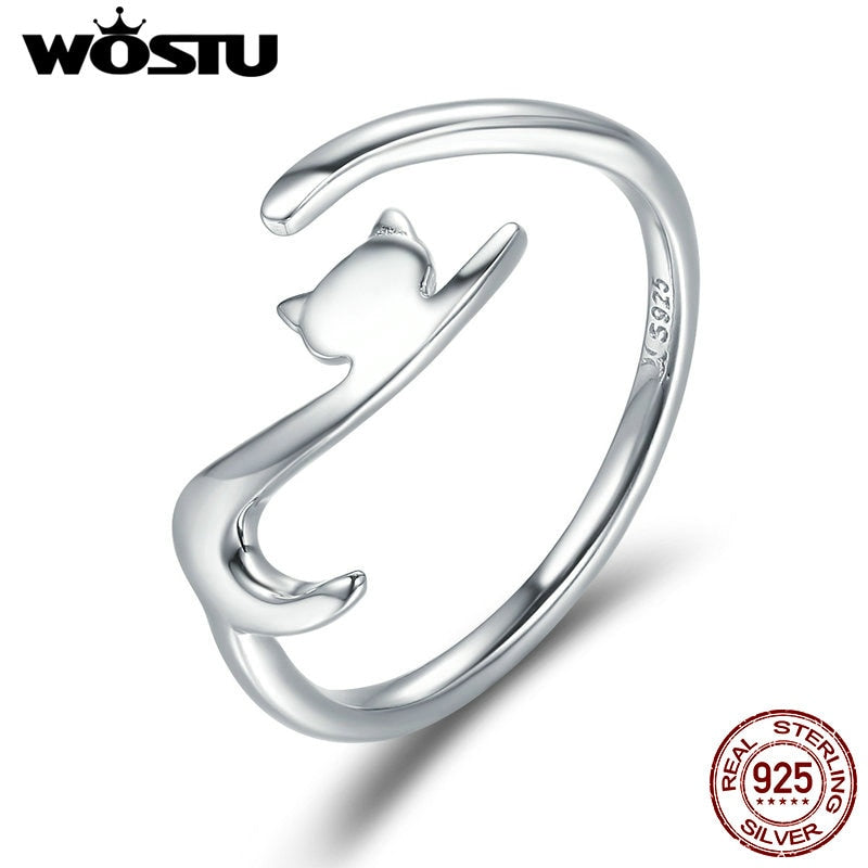 WOSTU 925 Sterling Silver Sticky Cat with Long Tail Finger Ring For Women Adjustable S925 Silver Ring Jewelry Gift CQR220