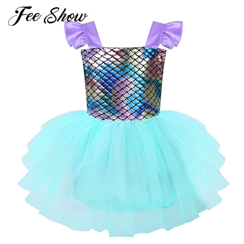 Baby Girls Mermaid Dress Cosplay Costumes Princess Sleeveless Glossy Fish Scales Backless Mesh Splice Tutu Dress Short skirt