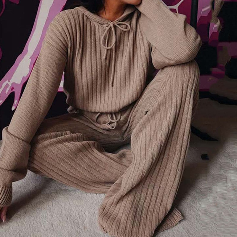 Autumn Winter Knitted Pajama Set Women Hooded Pajama Pants Home Suit for Women Long Sleeve Sleepwear Loose Lounge Wear Ladies