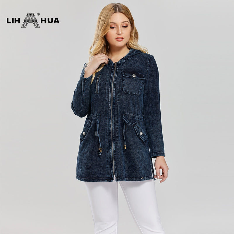 LIH HUA Damen-Jeansjacke in Übergröße, lässiger langer Stil für Damen, Premium-Stretch-Baumwolle, gestrickte Denim-Chaquetas