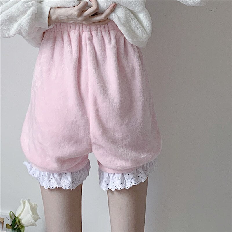 Winter Cute Lolita Girls Warm Velvet Shorts Sweet High Waist Lace Women's Plush Pajamas Shorts Summer Kawaii Bloomers Pink White