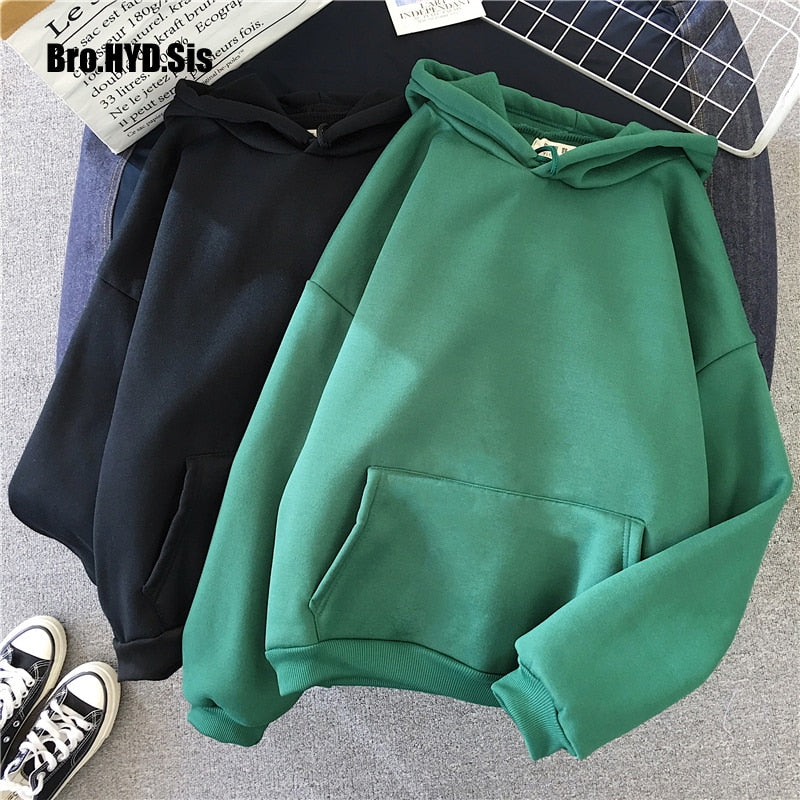 Harajuku Solid Color Women Hoodies Pullover Simple Style Loose Fit Spring Autum Fleece Hooded Sweatshirt Pocket Woman Tops