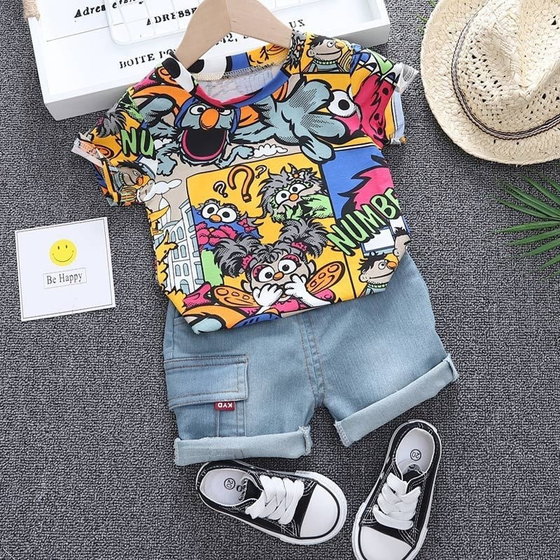 Cool Kid Jungen Sommerkleidung Outfit mit Sonnenhut Mode Graffiti Kurzarm T-Shirt Denim Shorts Set Kinder Hosen Kleidung