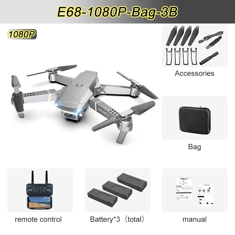 JINHENG E68 Mini RC Drone 4K 1080P HD Camera Wifi FPV Air Pressure Altitude Hold Mode Foldable Quadcopter Toy Kid&