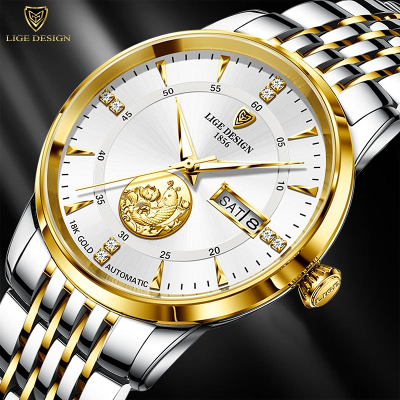 LIGE Men Automatic Mechanical Watches Luxury Brand Business Wrist Watch Tungsten Steel Waterproof Men Fashion Clock Reloj Hombre