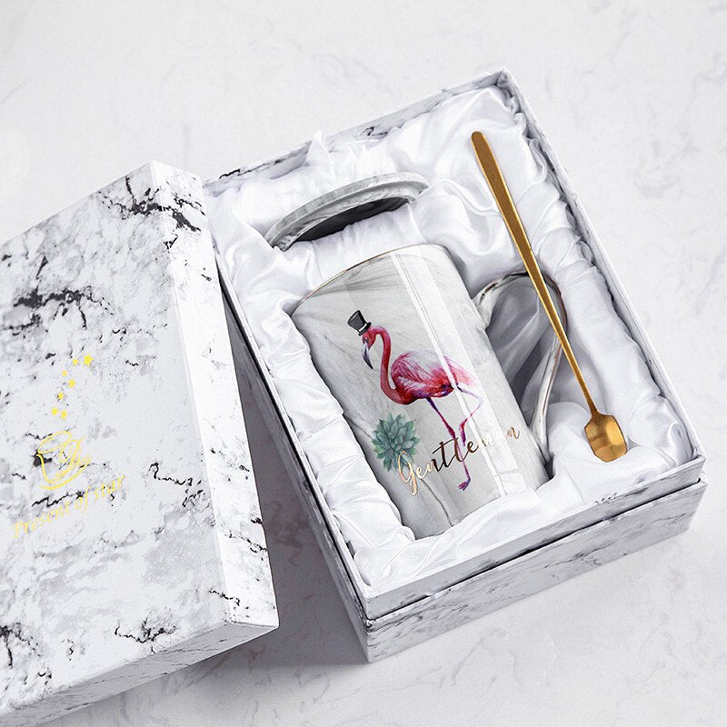 Luxus-Flamingo-Keramik-Marmor-Kaffeetassen, Milch- und Tee-Porzellantasse, verpackt mit Geschenkbox für Liebhaber, Hochzeitspaare
