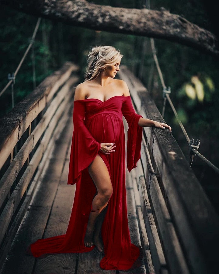 Umstandskleider für Fotoshootings Sexy schulterfreie Kleider mit Puffärmeln für schwangere Frauen Maxi langes Schwangerschaftsfotografiekleid