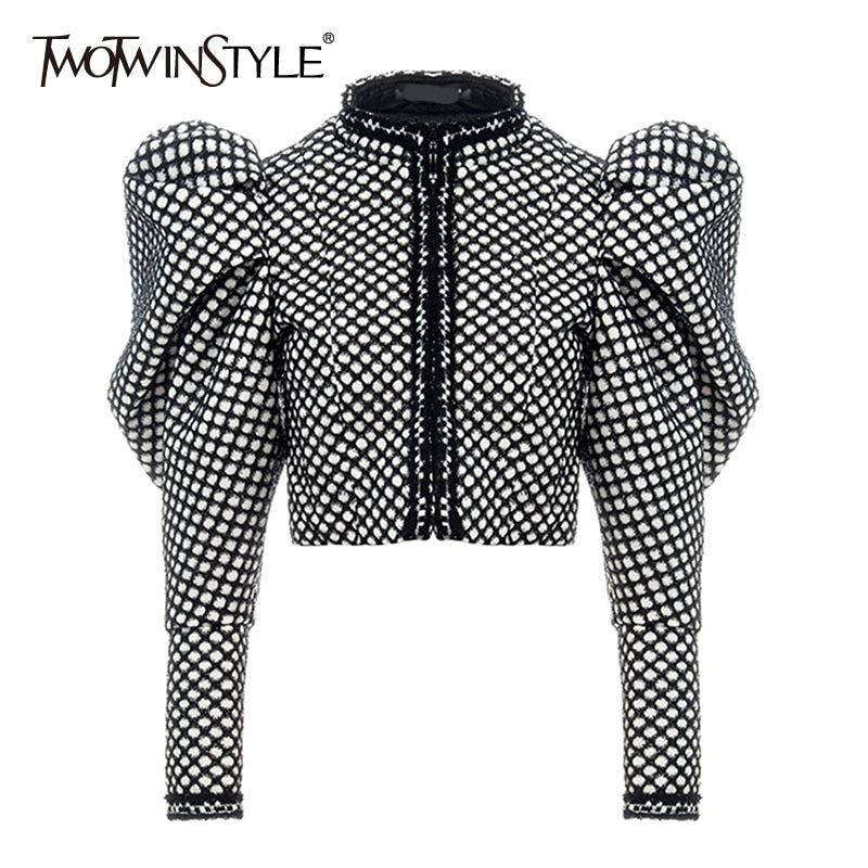 TWOTWINSTYLE Ruched Plaid Coat For Women O Neck Puff Sleeve Short Female Coat Streetwear Autumn Fashion New Clothing 2020