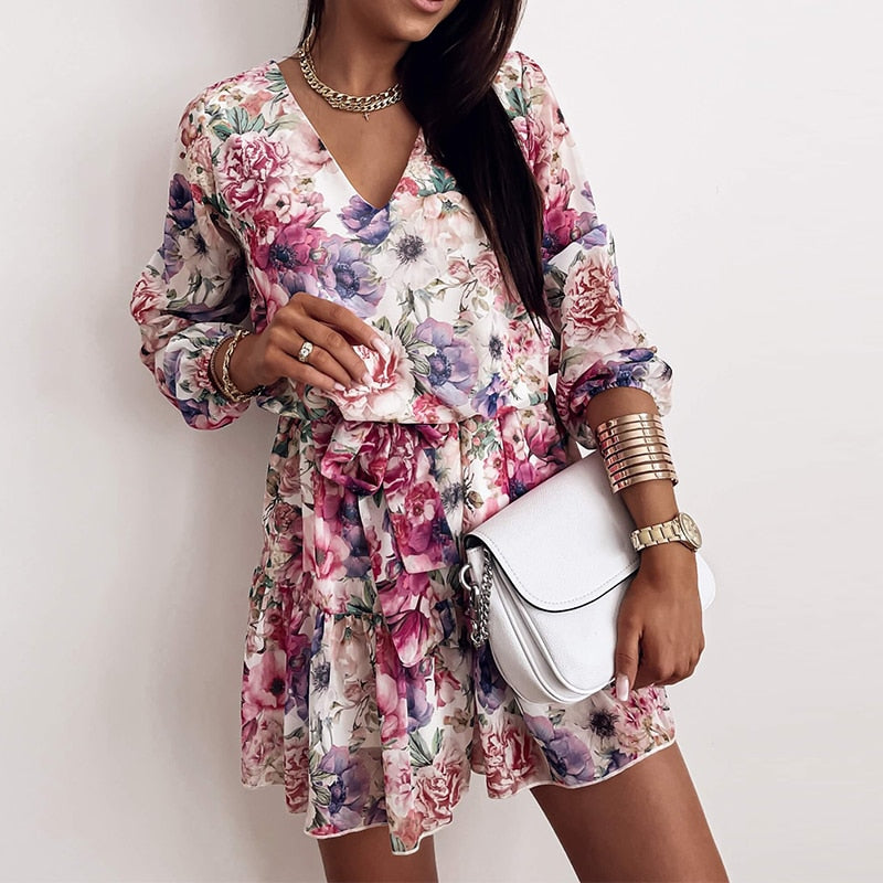 Spring Women's Chiffon V Neck Flower Print Dress Casual Long Sleeve Short Dress Female Boho Leisure A Line Party Vestidos 2021