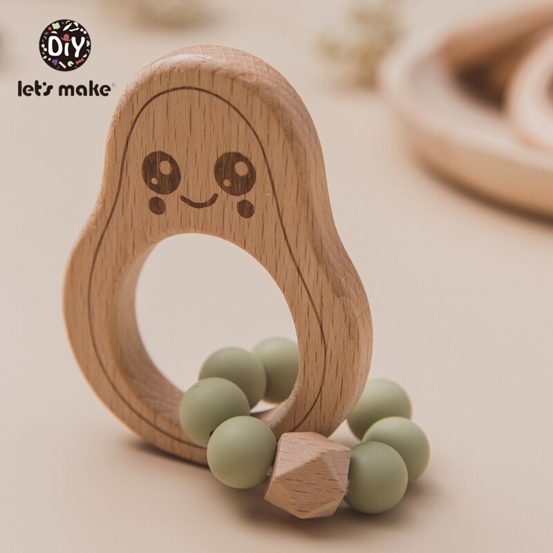 Let's Make 1PC Avocado Holz Nagetier Baby Beißring Silikon Perlen Buche Zubehör Spielzeug Dusche Geschenk Holz Rasseln Krankenschwester