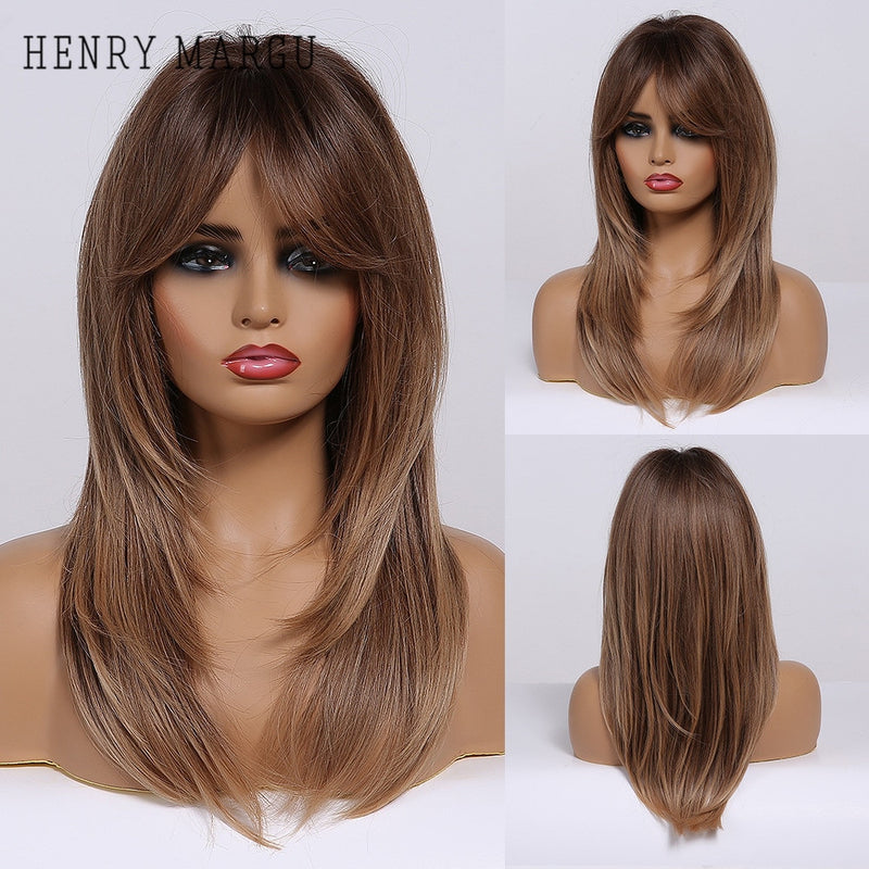 HENRY MARGU Long Straight Black Synthetic Wigs With Bangs Natural Fake Hairs for Women Afro Heat Resistant Cosplay Daily Wigs