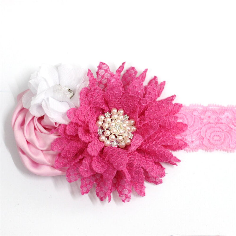 Baby girls Flower Headband Newborn Infant Pearl Flowers With Lace wide Headbands Bebes Hair accessories Phoro props Kids Turban