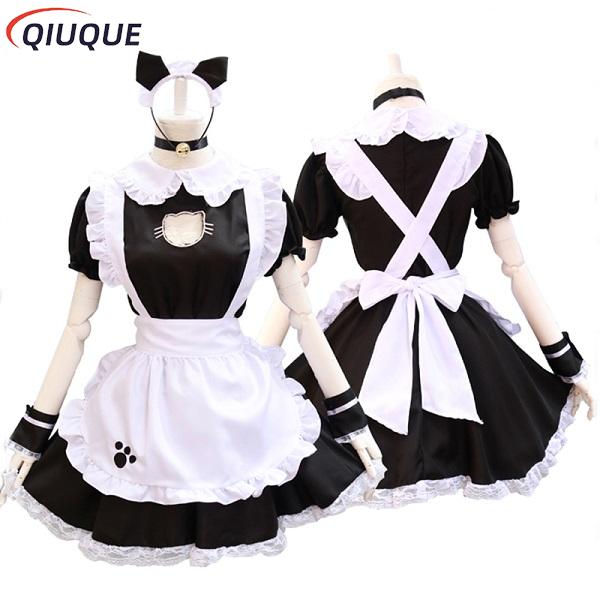 Vestidos negros de Lolita, traje de sirvienta, disfraz de gato bonito, traje de mujer, delantal, vestido, disfraces de Halloween