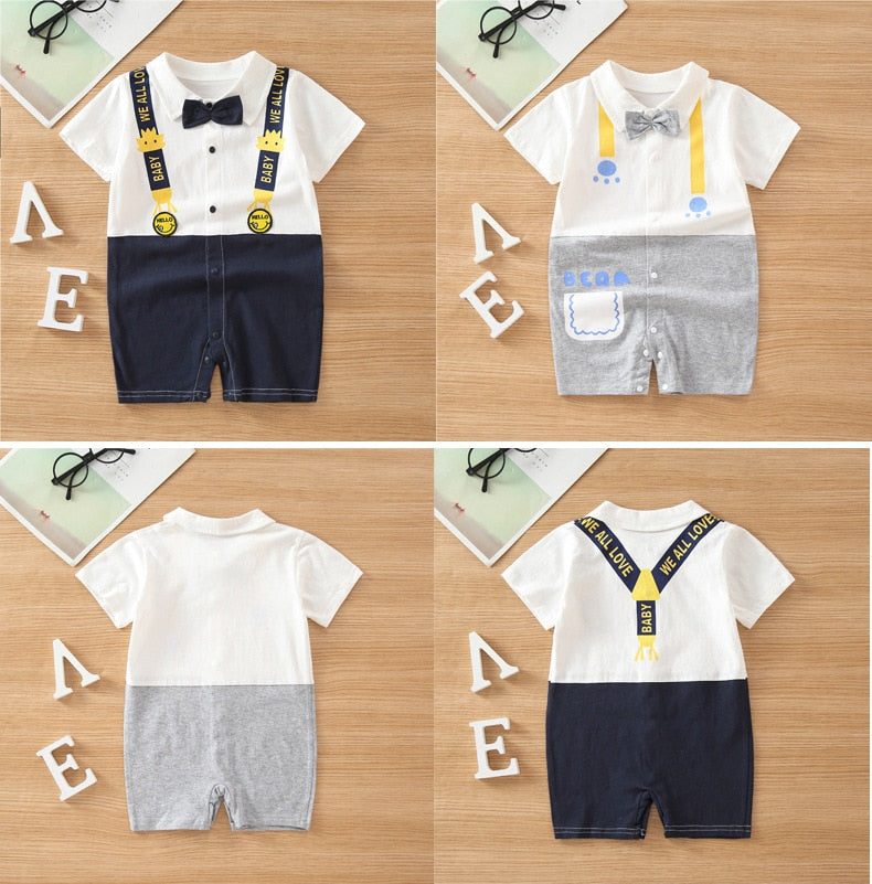 2023 summer baby clothes Casual romper newborn short sleeve cotton cartoon print stripe turn-down Infant baby boys clothing