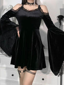 InsGoth Goth Sexy Flare manga vestido negro Y2K Harajuku alta cintura una línea Mini vestidos fuera del hombro Punk Halloween otoño vestido