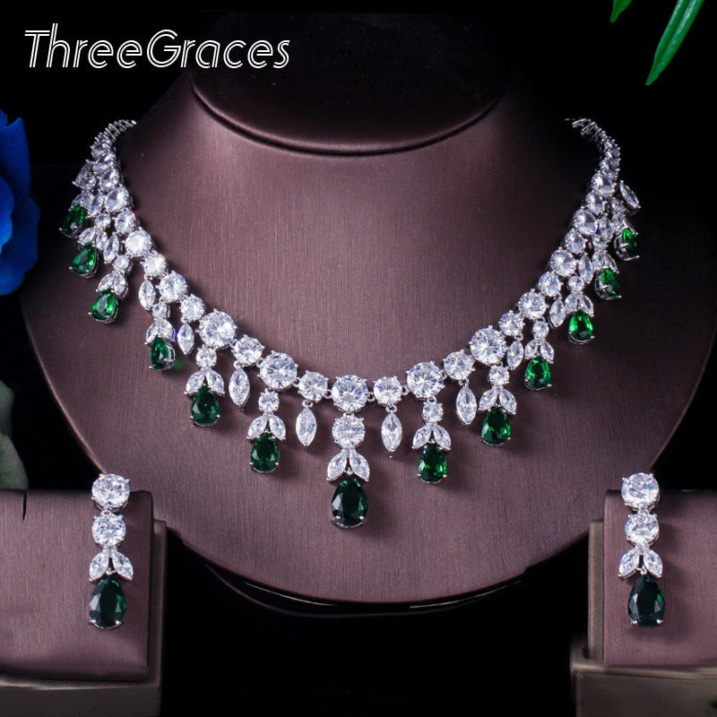 ThreeGraces, conjunto de collar y pendientes de piedra CZ verde de lujo, conjunto de joyería para vestido de novia de boda de gota larga brillante para mujer JS256