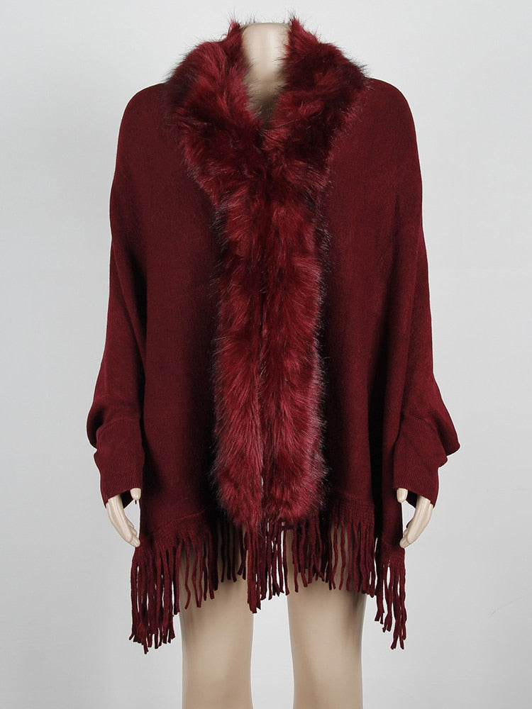 Fitshinling Fur Collar Winter Shawls And Wraps Bohemian Fringe Oversized Womens Winter Ponchos And Capes Batwing Sleeve Cardigan