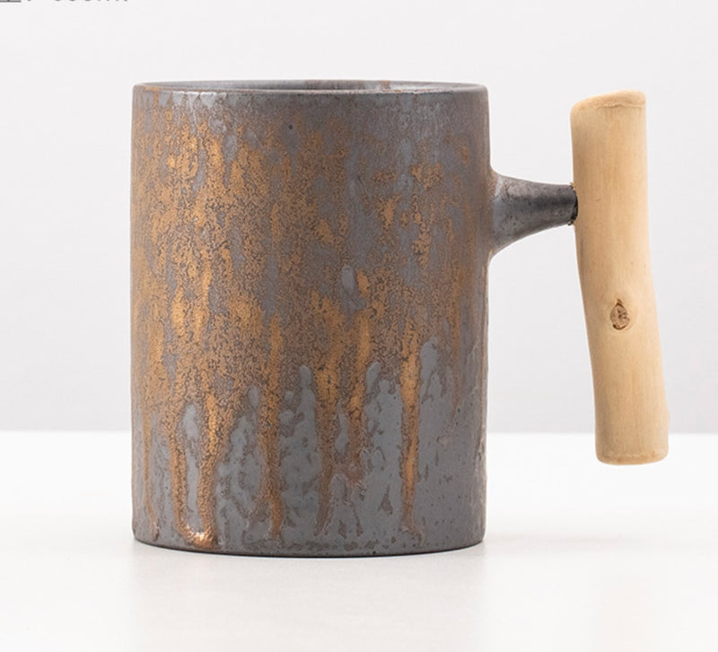 Vintage-Keramik-Kaffeetasse im japanischen Stil, Rostglasur, Tee, Milch, Bierkrug mit Holzgriff, Wassertasse, Heimbüro, Trinkgeschirr