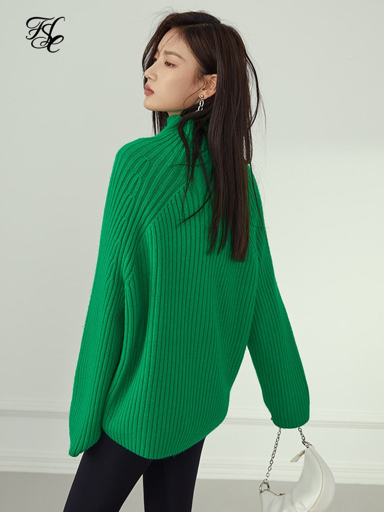 Jersey de punto de manga larga de cuello alto FSLE, jersey verde grueso de gran tamaño para invierno para mujer, jersey Purpel Vintage para mujer