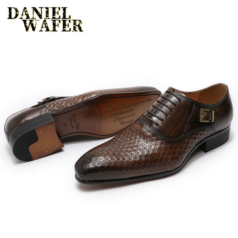 Zapatos de hombre Daniel Wafer de lujo de cuero genuino con estampados geométricos para oficina, boda, hombre, zapatos Oxford formales con cordones negros y punta estrecha