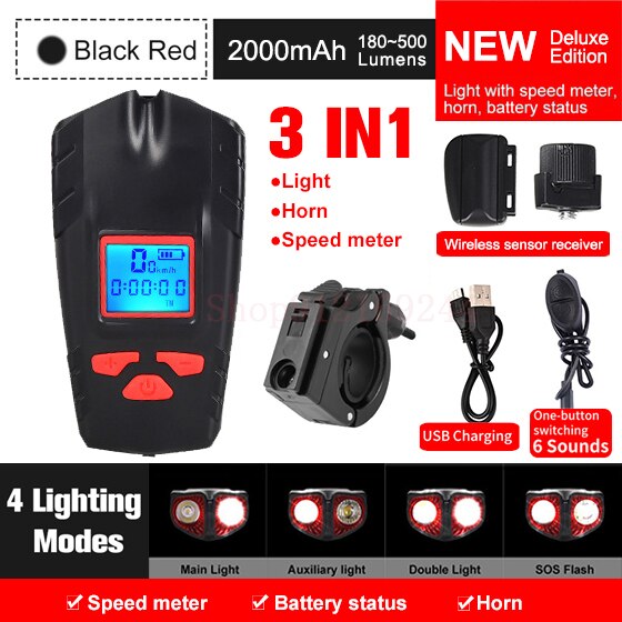 Bicycle Light USB Rechargeable Bike Odometer Front Light Flashlight with Computer LCD Speedometer Cycling Head Lantern Horn