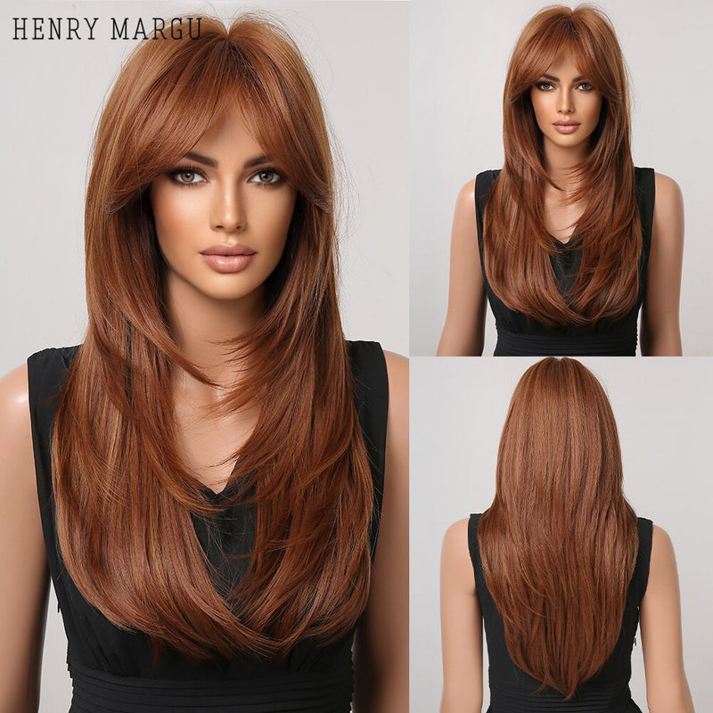 HENRY MARGU Long Straight Black Synthetic Wigs With Bangs Natural Fake Hairs for Women Afro Heat Resistant Cosplay Daily Wigs