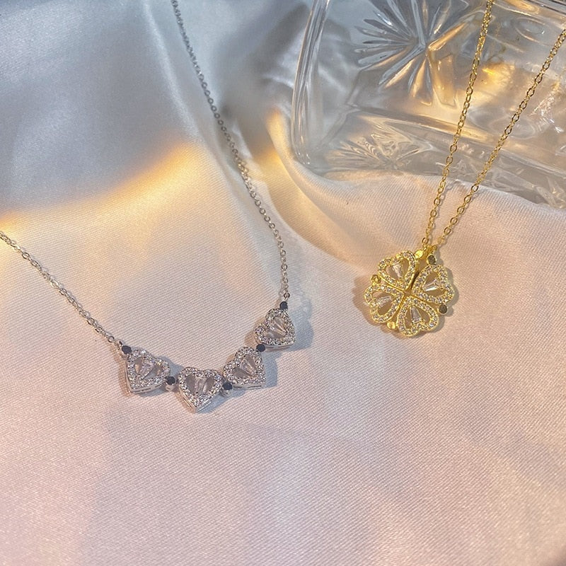 Neues Design Herz Vierblättriges Kleeblatt Magnetische Anhänger Halskette für Frauen Mädchen Mode Zirkon Titan Stahl Weihnachtsgeschenk Schmuck