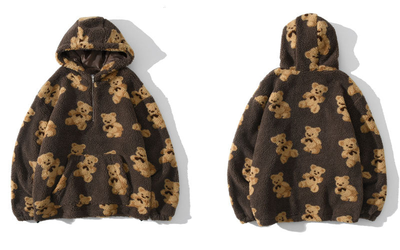 Fleece Fuzzy Kapuzen-Sweatshirt Streetwear Hip Hop Bear Print Halber Reißverschluss Flauschige Pullover Hoodies Harajuku Casual Hoodie Tops