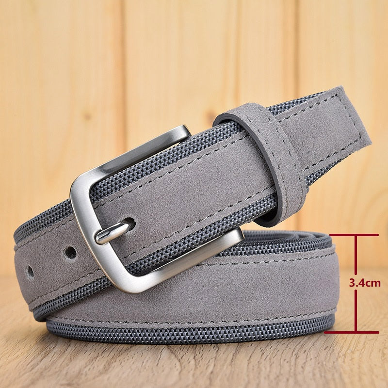 Men Suede Leather Belt With Oxford Fabric Strap Genuine Leather Luxury Pin Buckle Blue Belts For Men 3.5 cm and 4.0 cm Width