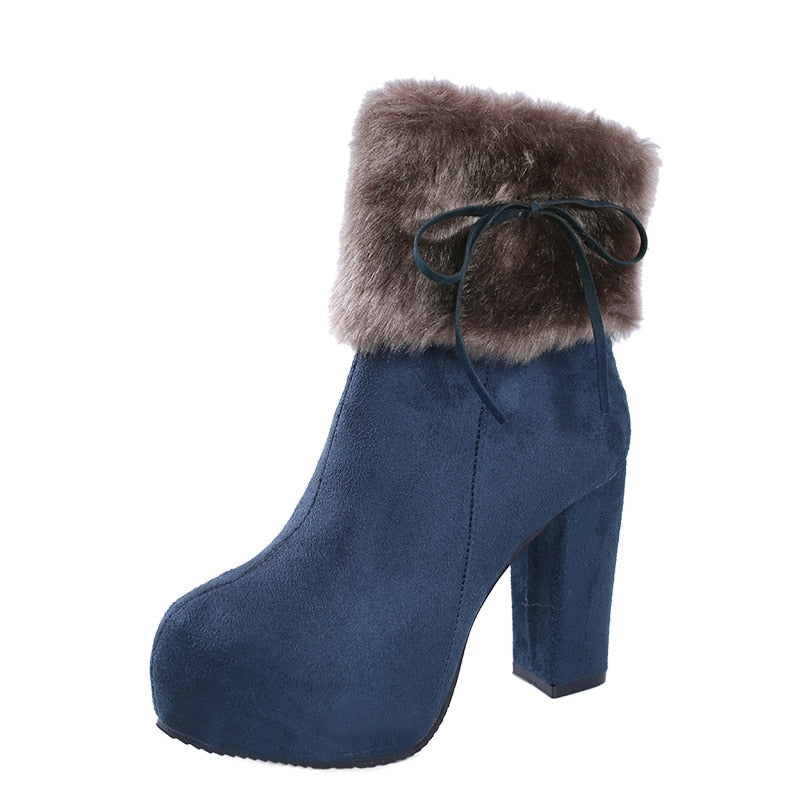 Zapatos de invierno para mujer, botas de tacón alto, zapatos cálidos de piel, botas de moda para mujer, tacones altos de invierno, tacón súper cuadrado de 10cm A1658