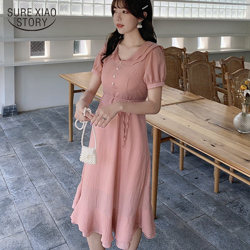 New Fashion Short Sleeve Simple Chiffon Dress for Women Elegant Summer Evening Party Dress Beach Holiday Long Dress Robe 22170