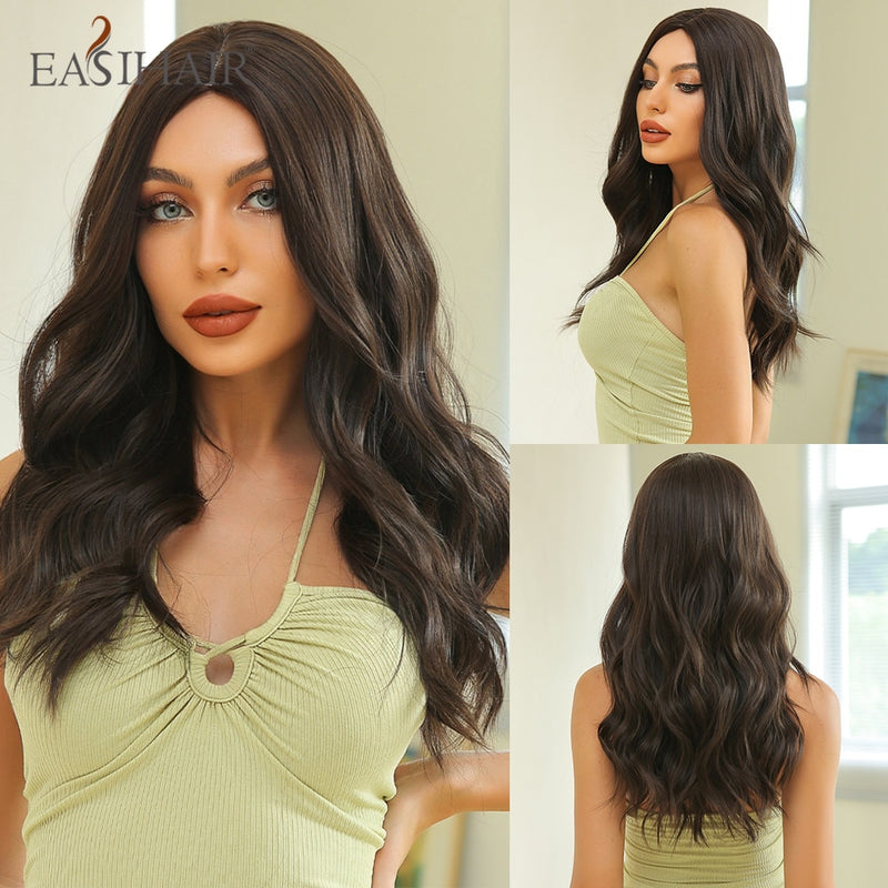 EASIHAIR Long Wavy Dark Brown Black Synthetic Wigs Natural Middle Part Hair Wigs for Women Daily Cosplay Party Heat Resistant