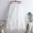 Qooth Women Beaded Petal Mid-length Ruffles Mesh Pleated Skirts Elegant High-waisted Fairy A-line Long Tulle Skirts QT1682