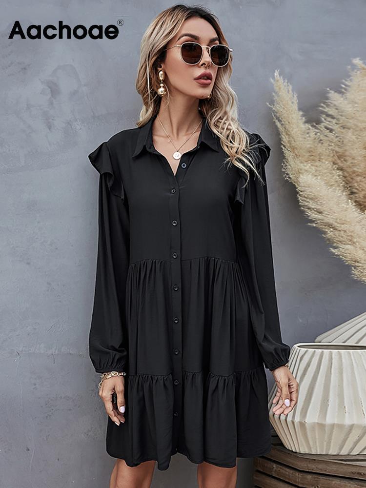 Aachoae Summer Autumn Women Black Dress Ruffles Long Sleeve Elegant Shirt Dress Loose Casual Pleated Mini Dress Sundress Robe