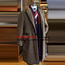 Winter Men Trench Coat Long Brown Herringbone Wool Blend Single Breasted Suit Jackets Tailored Made Groomsan Overcoat Man Blazer
