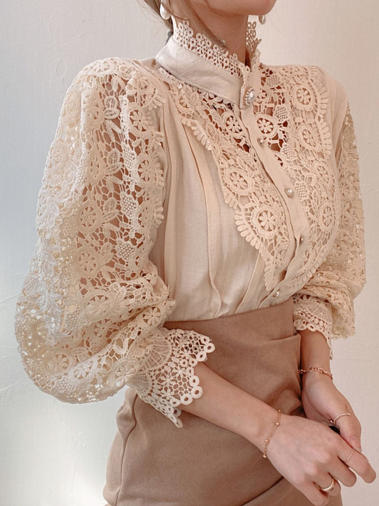 Petal Sleeve Stand Collar Hollow Out Flower Lace Patchwork Shirt Femme Blusas All-match Women Lace Blouse Button White Top 12419