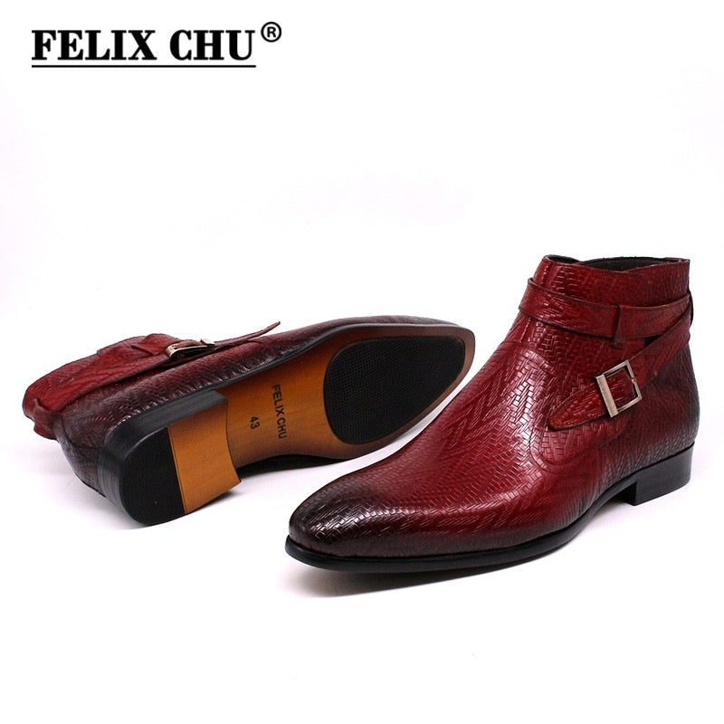 Botines hechos a mano para hombre Felix Chu, botas de moto de cuero genuino para hombre, zapatos de vestir altos con correa de hebilla roja negra para hombre